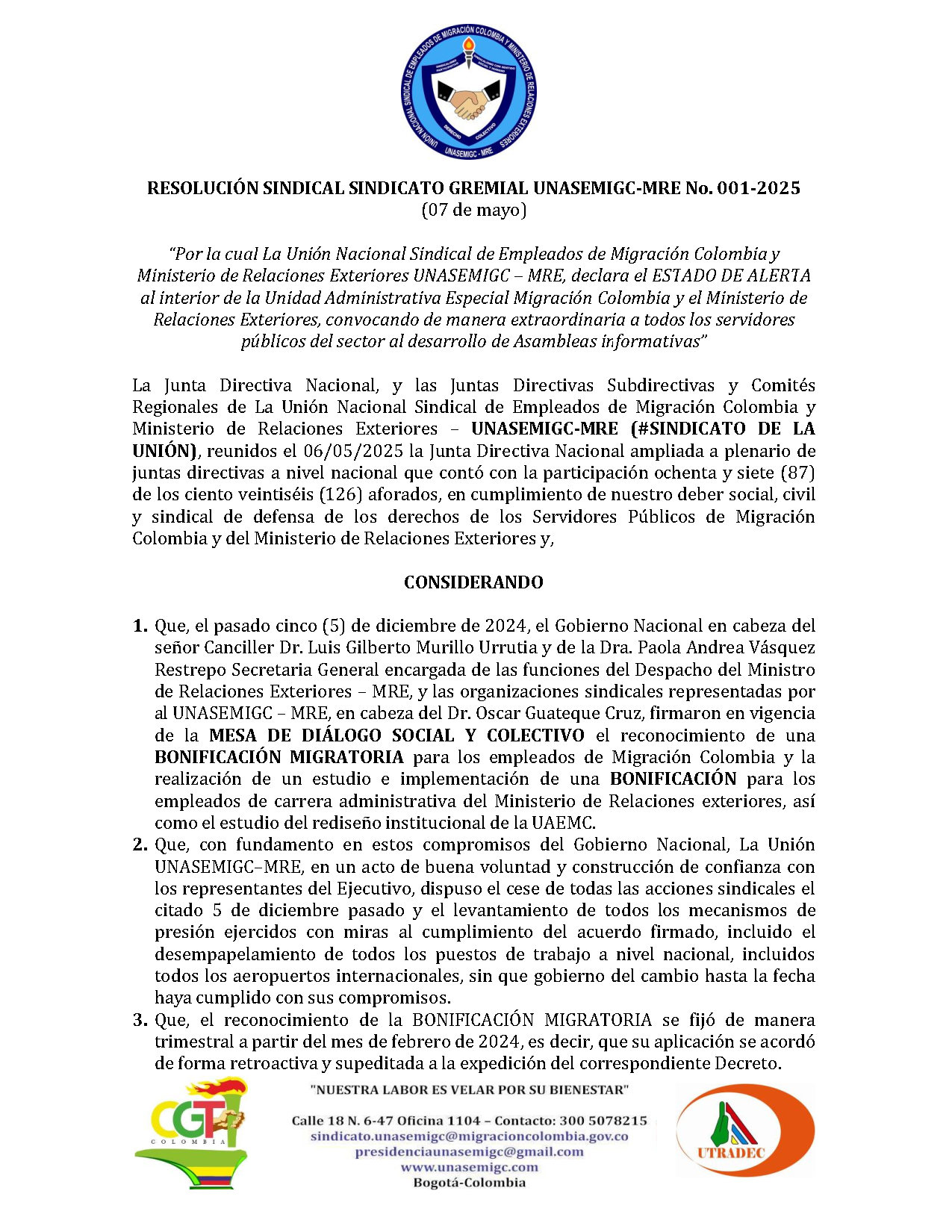 RESOLUCIÓN SINDICAL SINDICATO GREMIAL UNASEMIGC-MRE No. 001-2025
